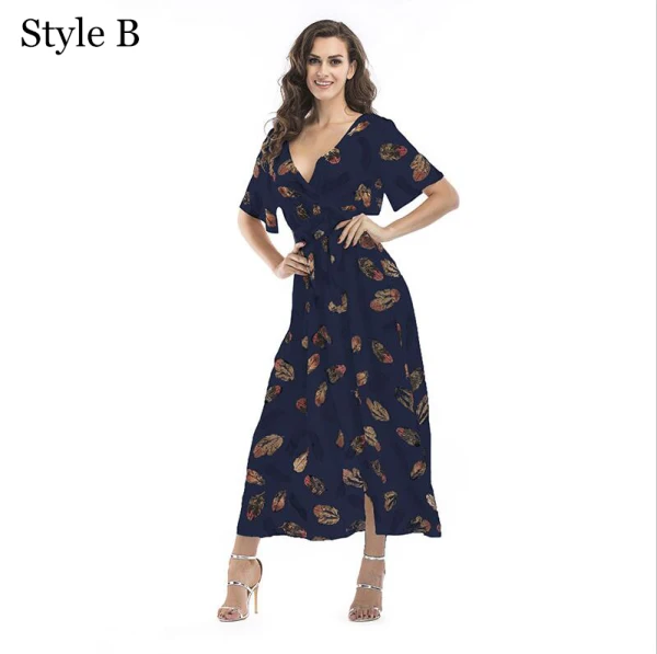 Summer Black Street Wear Beach Floral Maxi Dresses 2021 V-Neck Short Sleeve Women Dresses
