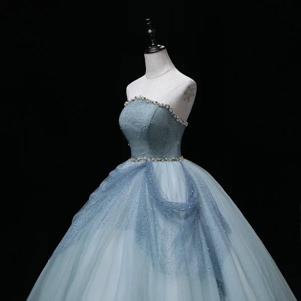 Chic / Beautiful Sky Blue Pearl Sequins Prom Dresses 2022 Ball Gown Strapless Sleeveless Backless Floor-Length / Long Formal Dresses