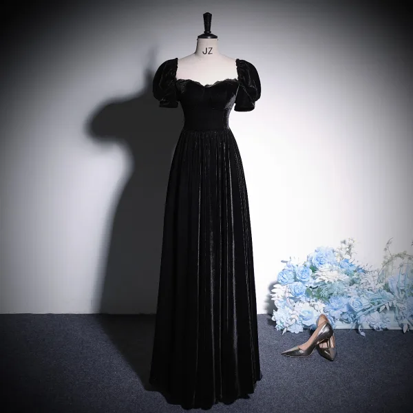 Chic / Beautiful Black Velvet Evening Dresses 2023 A-Line / Princess Off-The-Shoulder Short Sleeve Backless Floor-Length / Long Evening Party Formal Dresses