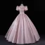 Lovely Blushing Pink Rhinestone Satin Prom Dresses 2023 Ball Gown Scoop Neck Puffy Short Sleeve Backless Floor-Length / Long Prom Formal Dresses