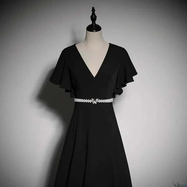 Elegant Sorte Perle Rhinestone Sløjfe Bælte Gallakjoler 2023 Prinsesse V-Hals Kort Ærme Lange Galla Kjoler