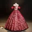 Vintage / Retro Red Beading Printing Prom Dresses 2023 Ball Gown Off-The-Shoulder Short Sleeve Backless Floor-Length / Long Formal Dresses