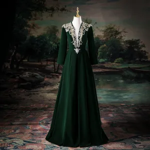 Vintage Originale Vert Foncé Perlage Paillettes Velours Robe De Bal 2025 Princesse V Cou Manches Longues Longue Promo Robe De Ceremonie