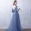 Chic / Beautiful Ocean Blue Evening Dresses  2018 A-Line / Princess Appliques V-Neck Backless 3/4 Sleeve Floor-Length / Long Formal Dresses