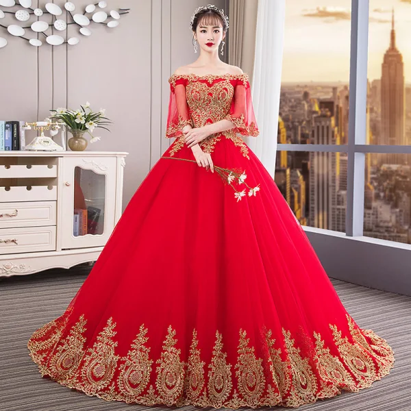 Chinese style Red Wedding Dresses 2019 Ball Gown Off-The-Shoulder Gold Lace Flower 1/2 Sleeves Backless Cathedral Train