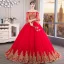 Chinese style Red Wedding Dresses 2019 Ball Gown Off-The-Shoulder Gold Lace Flower 1/2 Sleeves Backless Cathedral Train