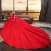 Modest / Simple Solid Color Red Wedding Dresses 2019 A-Line / Princess Off-The-Shoulder Short Sleeve Backless Royal Train