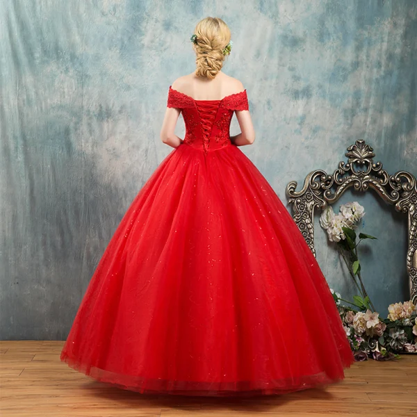 Elegant Red Wedding Dresses 2019 Ball Gown Off-The-Shoulder Beading Crystal Flower Lace Short Sleeve Backless Floor-Length / Long