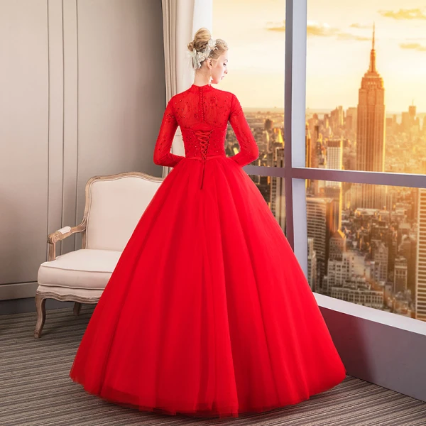 Chinese style Muslim Red Wedding Dresses 2019 Ball Gown High Neck Buttons Bow Lace Flower Sequins 3/4 Sleeve Floor-Length / Long