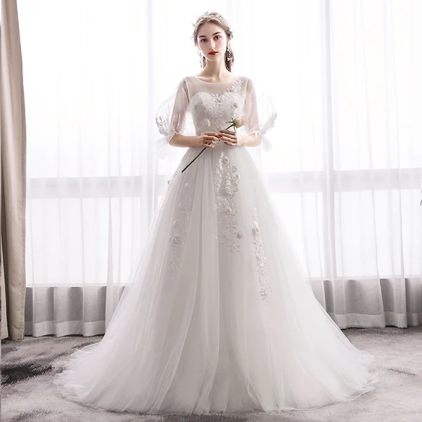 Elegant Ivory Wedding Dresses 2019 A-Line / Princess Scoop Neck Appliques Lace Flower Bell sleeves Backless Sweep Train