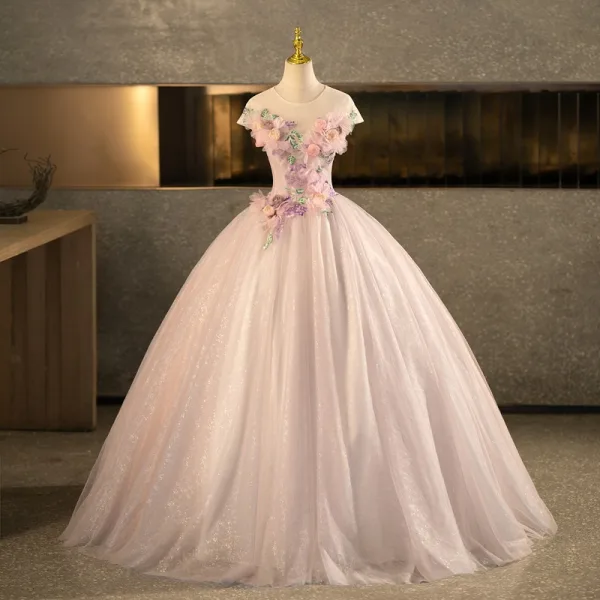 Chic / Beautiful Blushing Pink Sequins Appliques Prom Dresses 2025 Ball Gown Scoop Neck Short Sleeve Backless Floor-Length / Long Formal Dresses