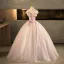 Chic / Beautiful Blushing Pink Sequins Appliques Prom Dresses 2025 Ball Gown Scoop Neck Short Sleeve Backless Floor-Length / Long Formal Dresses