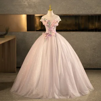 Fée Des Fleurs Champagne Paillettes Appliques Robe De Bal 2026 Robe Boule Encolure Dégagée Sans Manches Dos Nu Longue Robe De Ceremonie