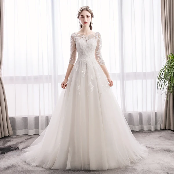 Elegant Ivory Wedding Dresses 2019 A-Line / Princess Scoop Neck Sequins Lace Flower 1/2 Sleeves Backless Sweep Train