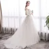 Chic / Beautiful Ivory Wedding Dresses 2019 A-Line / Princess Spaghetti Straps Lace Flower Short Sleeve Backless Sweep Train