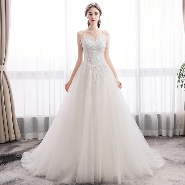 Elegant Ivory Wedding Dresses 2019 A-Line / Princess Spaghetti Straps Sequins Lace Flower Sleeveless Backless Court Train