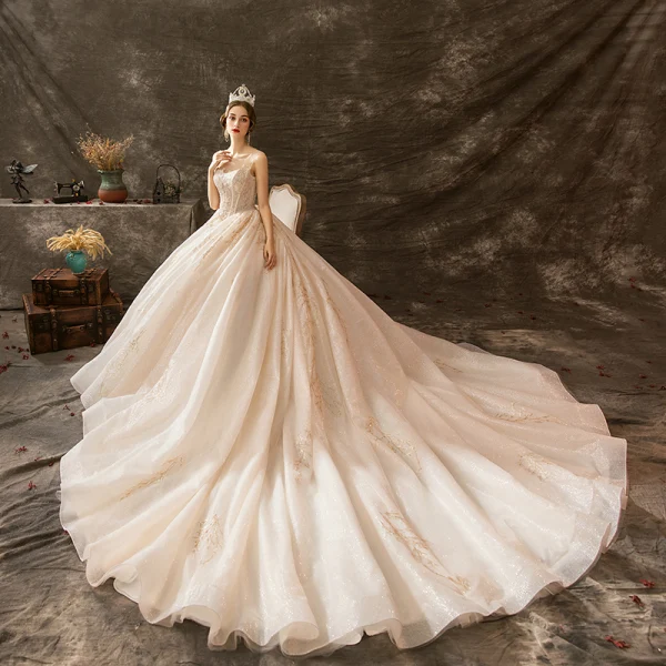 Luxury / Gorgeous Champagne Wedding Dresses 2019 A-Line / Princess Scoop Neck Beading Crystal Lace Flower Sequins Sleeveless Backless Watteau Train Royal Train