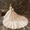 Luksusowe Szampan Suknie Ślubne 2019 Princessa Wycięciem Frezowanie Kryształ Z Koronki Kwiat Cekiny Bez Rękawów Bez Pleców Trenem Watteau Trenem Królewski