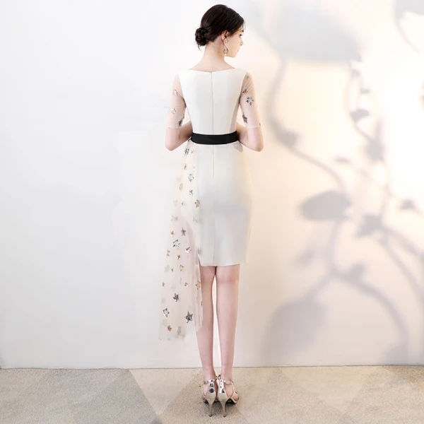 Amazing / Unique Champagne High Low Evening Dresses 2018 Sequins Star Bow Scoop Neck Short Sleeve Short Formal Dresses