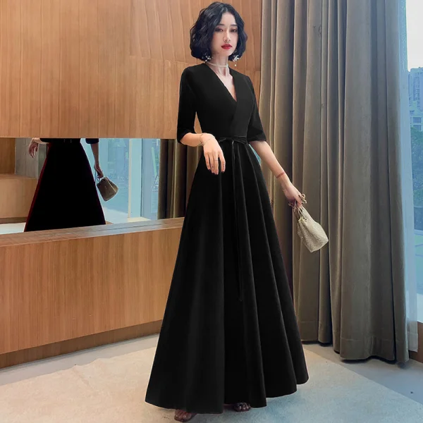 Elegant Burgundy Suede Evening Dresses 2021 A-Line / Princess V-Neck Bow 1/2 Sleeves Floor-Length / Long Evening Party Formal Dresses