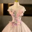 Chic / Beautiful Blushing Pink Sequins Appliques Prom Dresses 2025 Ball Gown Scoop Neck Short Sleeve Backless Floor-Length / Long Formal Dresses