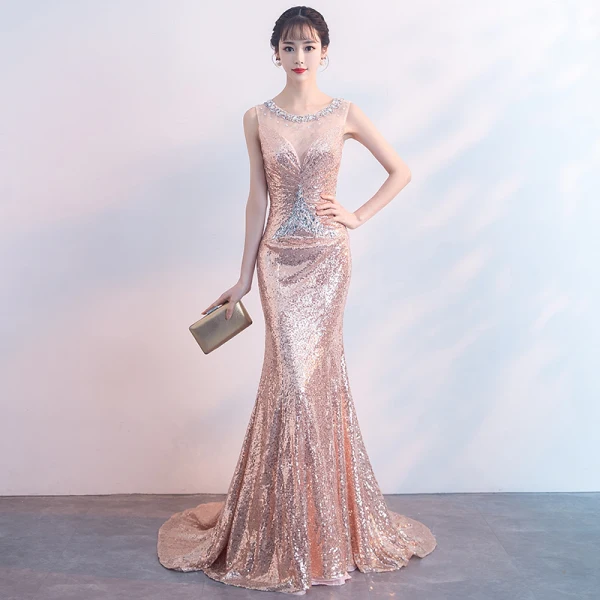 Sparkly Pearl Pink Evening Dresses 2019 Trumpet / Mermaid Scoop Neck Sleeveless Sequins Crystal Rhinestone Sweep Train Formal Dresses