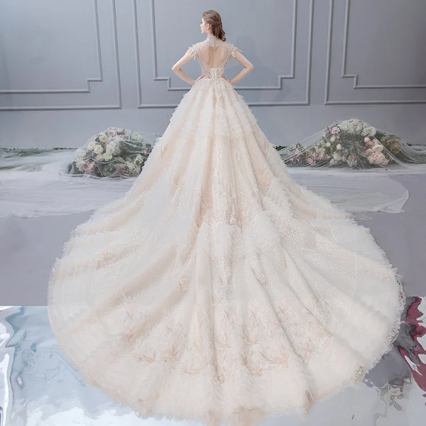 Luxury / Gorgeous Champagne Wedding Dresses 2019 A-Line / Princess High Neck Beading Crystal Pearl Sequins Short Sleeve Backless Royal Train