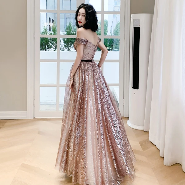 Sexy Blushing Pink Sequins Pearl Prom Dresses 2021 A-Line / Princess Off-The-Shoulder Backless Short Sleeve Floor-Length / Long Formal Dresses