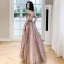Sexy Blushing Pink Sequins Pearl Prom Dresses 2021 A-Line / Princess Off-The-Shoulder Backless Short Sleeve Floor-Length / Long Formal Dresses
