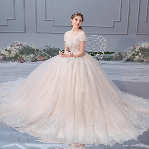 Elegant Champagne Wedding Dresses 2019 Ball Gown Off-The-Shoulder Beading Pearl Sequins Appliques Lace Flower Short Sleeve Backless Floor-Length / Long