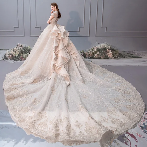 Luxury / Gorgeous Champagne Wedding Dresses 2019 Ball Gown Scoop Neck Beading Pearl Sequins Lace Flower Cap Sleeves Backless Royal Train Cascading Ruffles