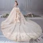 Luxury / Gorgeous Champagne Wedding Dresses 2019 Ball Gown Scoop Neck Beading Pearl Sequins Lace Flower Cap Sleeves Backless Royal Train Cascading Ruffles