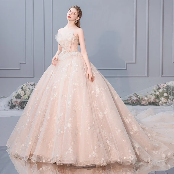 Luxury / Gorgeous Champagne Wedding Dresses 2019 Ball Gown Strapless Rhinestone Pearl Lace Flower Sequins Sleeveless Backless Royal Train