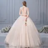 Chic / Beautiful Champagne Wedding Dresses 2019 Ball Gown High Neck Beading Sequins Lace Flower Sleeveless Backless Pearl Floor-Length / Long
