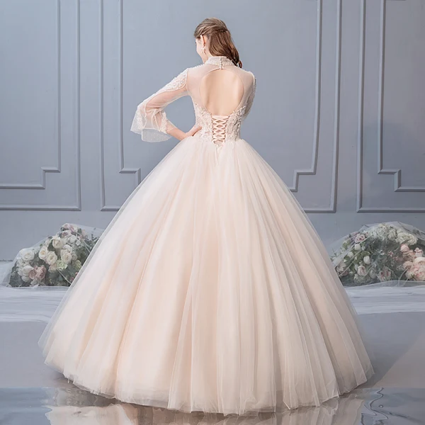 Elegante Champagner Brautkleider / Hochzeitskleider 2019 Ballkleid Stehkragen Perlenstickerei Pailletten Spitze Blumen Lange Ärmel Rückenfreies Lange