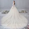 Chic / Beautiful Champagne Wedding Dresses 2019 A-Line / Princess Scoop Neck Beading Lace Flower 1/2 Sleeves Cathedral Train