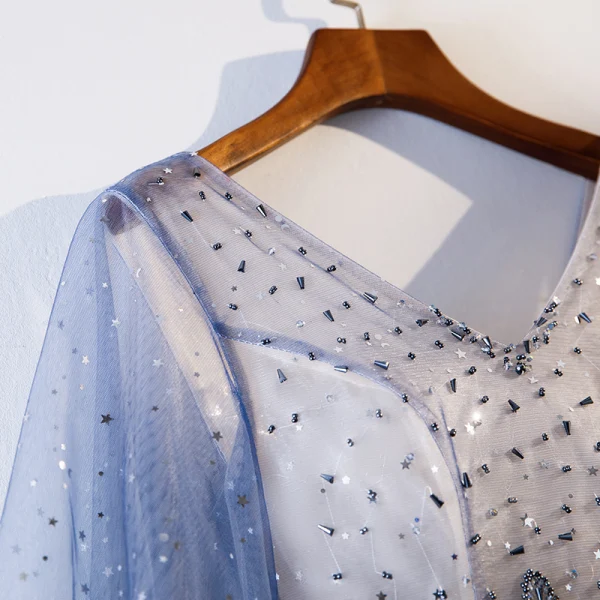 Chic / Belle Bleu Marine Dégradé De Couleur Robe De Soirée 2019 Princesse V-Cou Perlage Cristal Étoile Paillettes Ceinture Manches Longues Longue Robe De Ceremonie