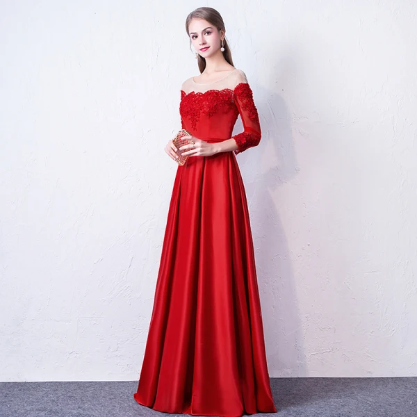 Chic / Beautiful Red Evening Dresses 2019 A-Line / Princess Scoop Neck Appliques Beading Lace Flower 3/4 Sleeve Backless Floor-Length / Long Formal Dresses