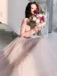 Charming Blushing Pink Pearl Prom Dresses 2021 A-Line / Princess Square Neckline Short Sleeve Backless Floor-Length / Long Formal Dresses
