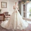Schöne Champagner Brautkleider / Hochzeitskleider 2019 A Linie Off Shoulder Perlenstickerei Strass Spitze Blumen Kurze Ärmel Rückenfreies Königliche Schleppe