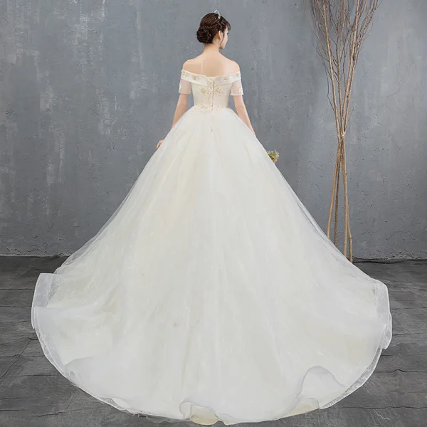 Elegant Champagne Wedding Dresses 2019 Ball Gown Off-The-Shoulder Appliques Lace Flower Short Sleeve Backless Chapel Train