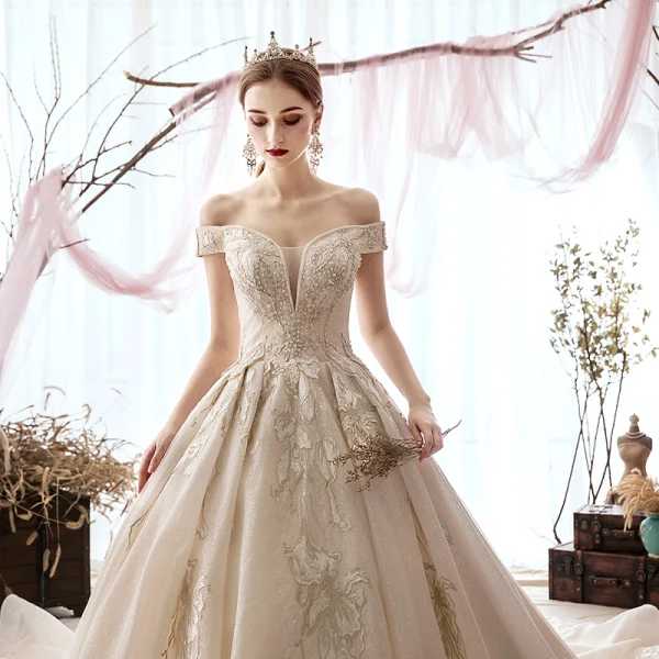 Elegant Champagne Wedding Dresses 2019 Ball Gown Off-The-Shoulder Beading Lace Flower Sequins Short Sleeve Backless Cathedral Train