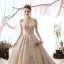 Elegant Champagne Wedding Dresses 2019 Ball Gown Off-The-Shoulder Beading Lace Flower Sequins Short Sleeve Backless Cathedral Train