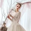 Luxury / Gorgeous Champagne Wedding Dresses 2019 A-Line / Princess Scoop Neck Beading Lace Flower 3/4 Sleeve Backless Cathedral Train