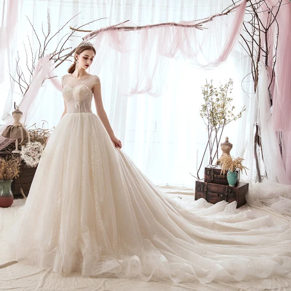 Luxury / Gorgeous Champagne Wedding Dresses 2019 A-Line / Princess Scoop Neck Beading Sequins Sleeveless Cathedral Train