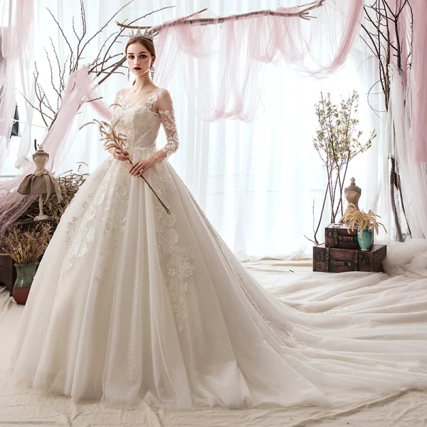 Luxury / Gorgeous Champagne Wedding Dresses 2019 A-Line / Princess Scoop Neck Sequins Lace Flower 3/4 Sleeve Backless Cathedral Train