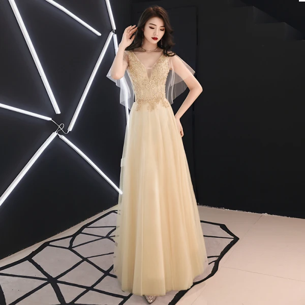 Elegant Champagne Evening Dresses 2019 A-Line / Princess Beading Crystal Sequins Lace Flower Backless V-Neck Short Sleeve Floor-Length / Long Formal Dresses
