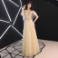 Elegant Champagne Evening Dresses  2019 A-Line / Princess Beading Crystal Sequins Lace Flower Backless V-Neck Short Sleeve Floor-Length / Long Formal Dresses