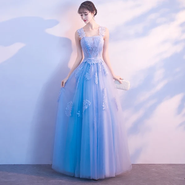 Chic / Beautiful Sky Blue Evening Dresses 2018 A-Line / Princess Appliques Shoulders Backless Sleeveless Floor-Length / Long Formal Dresses