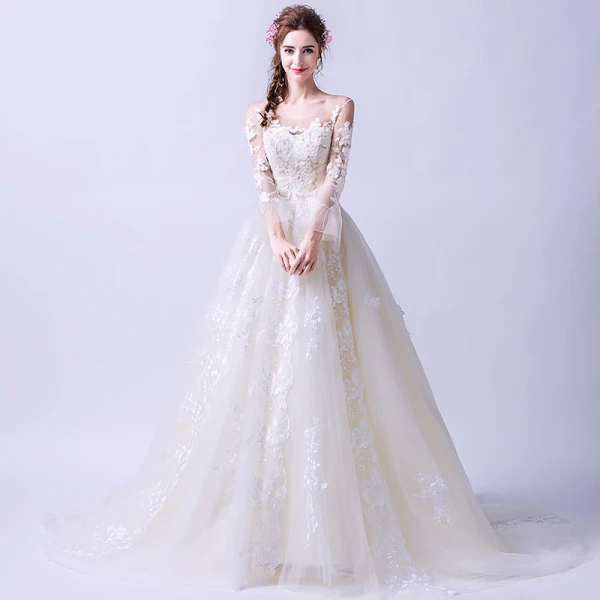Charming Champagne Wedding Dresses 2019 A-Line / Princess V-Neck Beading Lace Flower Bell sleeves Backless Sweep Train